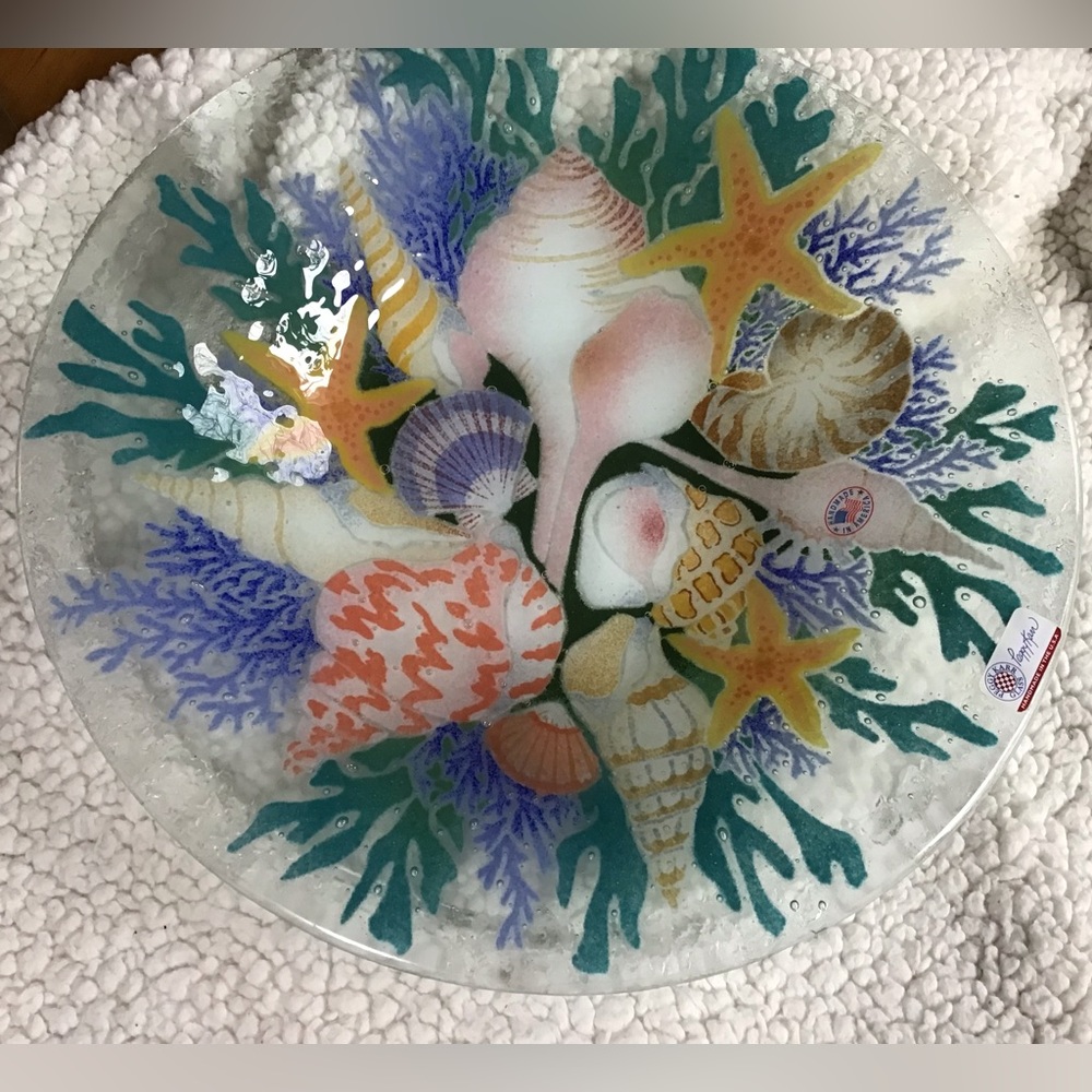 (Host Pick) Rare Peggy Karr RARE Seashells Art Glass 13”Round Serving Bowl